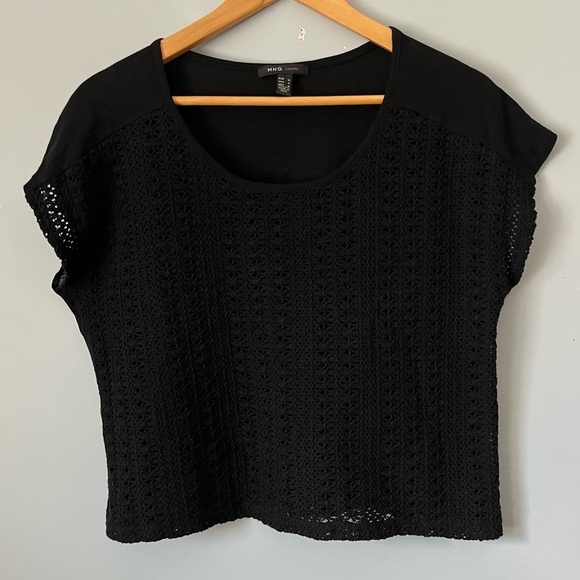 Mango MNG Casual Crochet Inspired Knit Sheer Front Boxy Short Sleeve Shirt Sz S - Picture 1 of 16